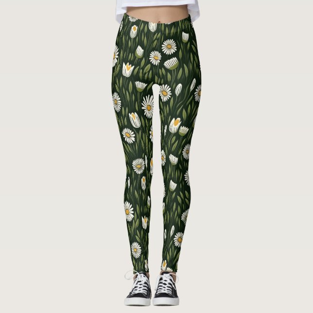 Legging Padrão Vibrante de Margaridas com Acentos Verde Ex (Frente)