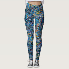 Legging Padrão Vibrante de Paisley em Azul sobre Preto
