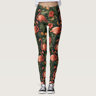 Legging Padrão Vintage de Flamingo Tropical e Hibisco