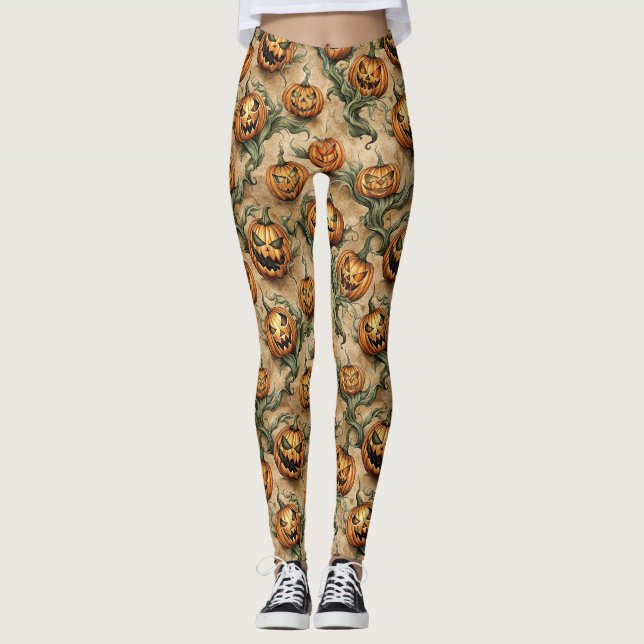 Legging Padrão Vintage Halloween Jack-O-Lantern (Frente)