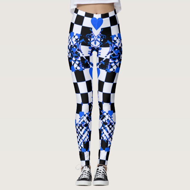 Legging Padrão Xadrez Com Corações Azuis & Formas (Frente)