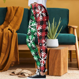 Legging Padrão Xadrez de Búfalo Fofo Flocos de Neve Natal