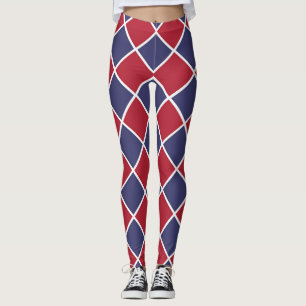Legging Padrão Xadrez Diamante Harlequim Vermelho Azul Bra