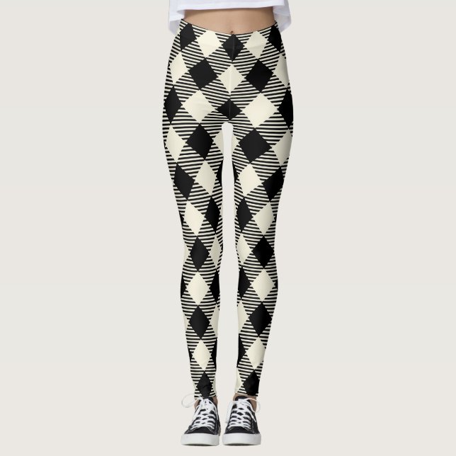 Legging Padrão Xadrez Gingham Preto e Bege Diagonal (Frente)