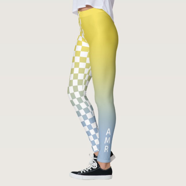 Legging Padrão Xadrez Gradiente Amarelo para Azul Monogram (Esquerda)