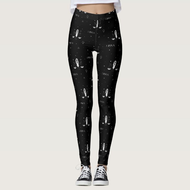 Legging Padrão Zodíaco de Libra Místico em Preto e Branco (Frente)