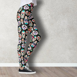 Legging Padrões coloridos de crânios de açúcar em preto