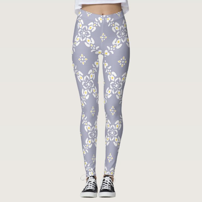Legging padrões de cinza folhas de flores (Frente)