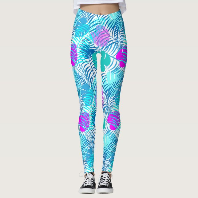 Legging Padrões de Folha Tropical Azul-Aqua e Rosa (Frente)
