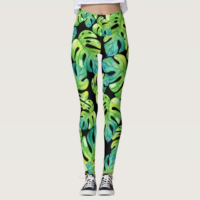 Legging Padrões de folha tropical Praia Yoga Black (Frente)