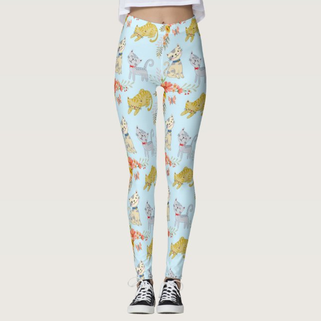Legging Padrões De Gato De Cartoon E Flores (Frente)