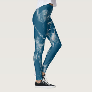 Legging Padrões de mármore branco-Na moda azul-azul do-aqu