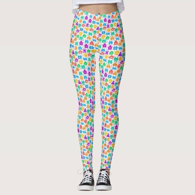 Legging Padrões de monstros pixelizados coloridos (Frente)