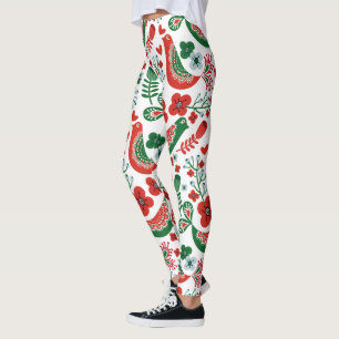 Legging Padrões de Natal escandinavos com flores e aves