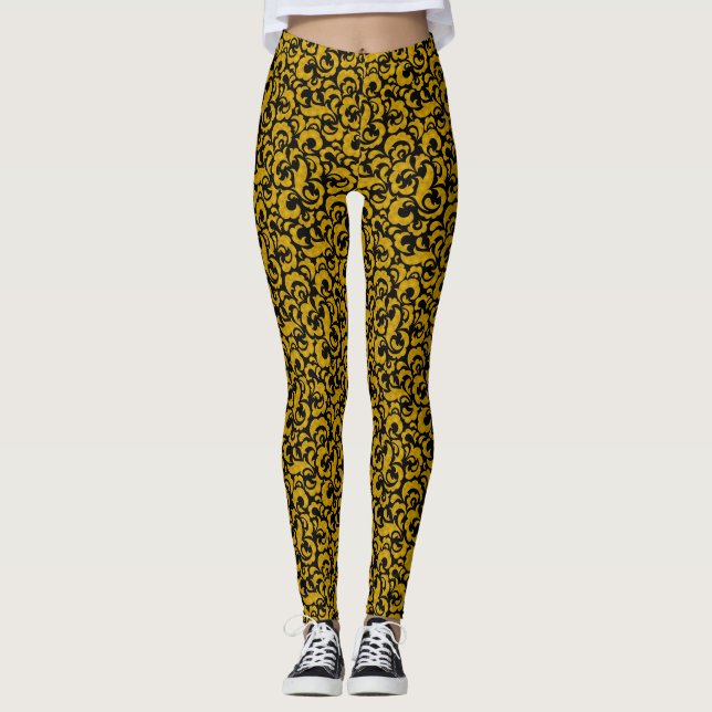Legging Padrões florais contínuos pretos e dourados fofos (Frente)