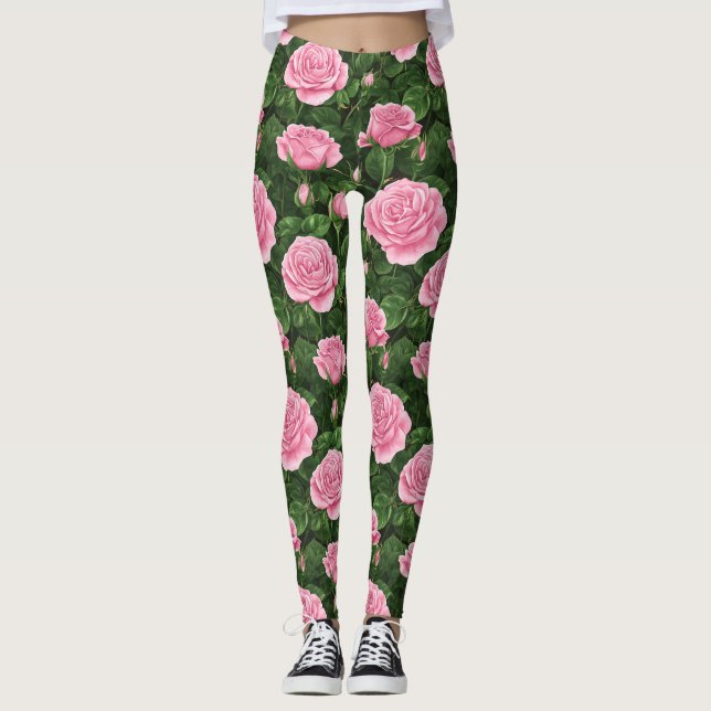 Legging Padrões Florais de Rosas Rosa (Frente)