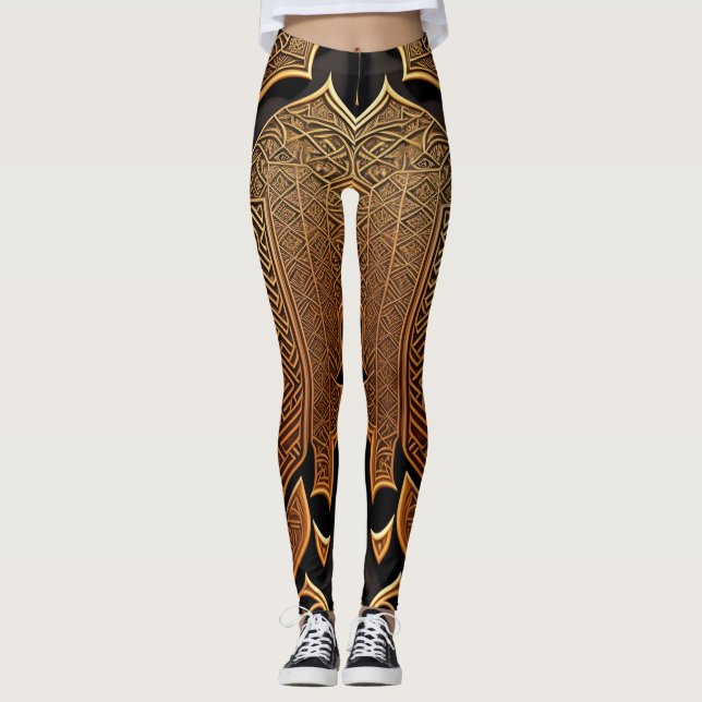 Legging Padrões Geométricos Pretos e Ouro (Frente)