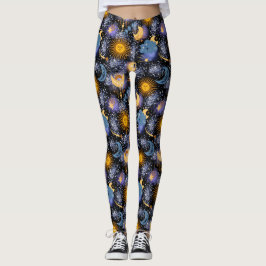 Legging Padrões Mágicos Celestiais Lua Estrelas Sun Black