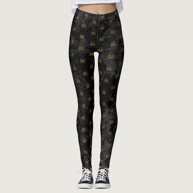 Legging Padrões preto Dourado do crânio e dos ossos (Frente)