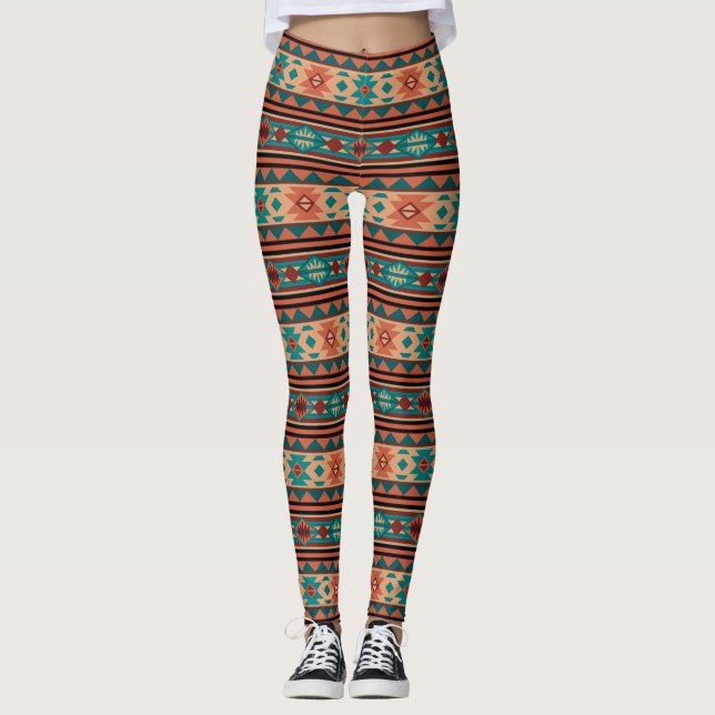 Legging Padrões Tribais do Sudoeste Turquoise Terracotta (Frente)