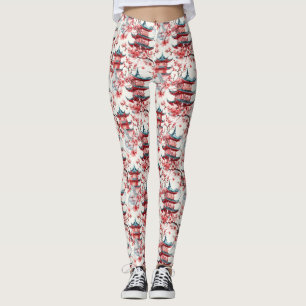 Legging Pagoda Chinesa Aquarela com Blossomas de Cereja (8