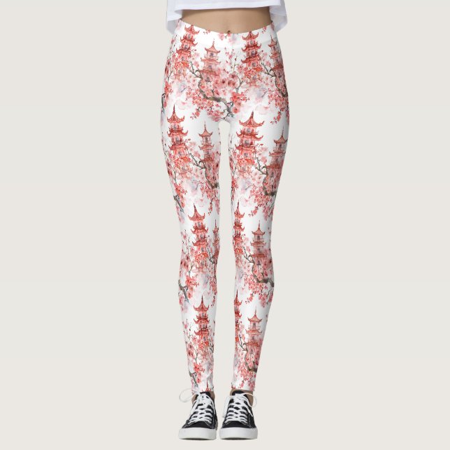 Legging Pagoda Chinesa Aquarela com Flores de Cereja (3) (Frente)