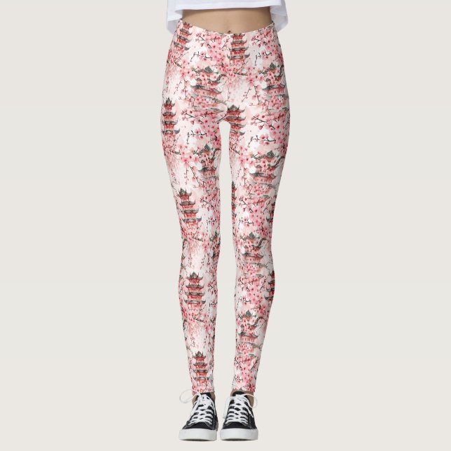 Legging Pagoda Chinesa Aquarela com Flores de Cereja (7) (Frente)