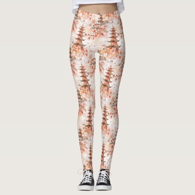 Legging Pagode Chinesa em Aquarela com Flores de Cerejeira (Frente)