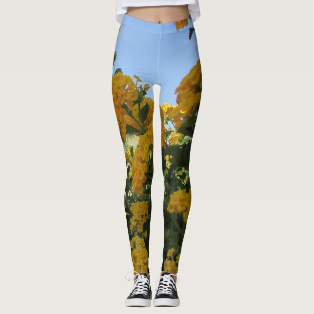 Legging Paisagem Amarela Floral Amarela Bloqueia Flor (Frente)