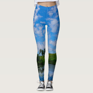 Legging Paisagem de Green Grass Birch Trees Nature Sky Lak