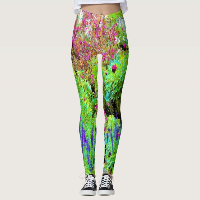 Legging Paisagem Primavera verde do jardim com peônias (Frente)
