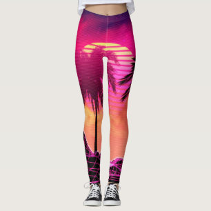 Legging Paisagem retro do vaporwave com rochas e palmas