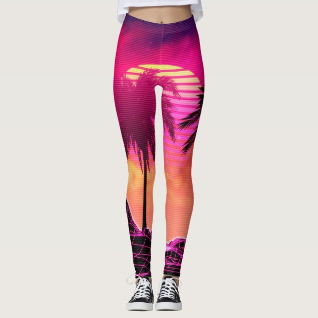 Legging Paisagem retro do vaporwave com rochas e palmas (Frente)