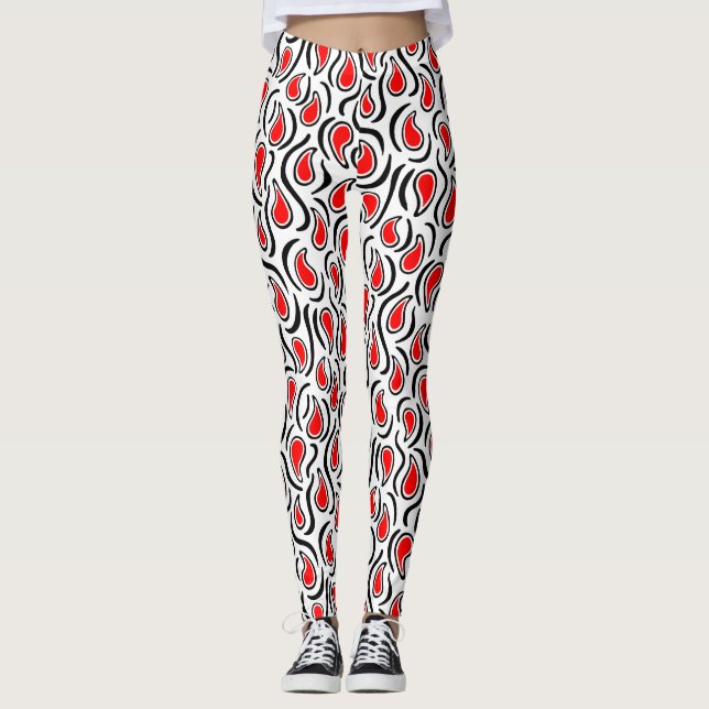 Legging Paisley Abstrato 230523 - Vermelho, Preto e Branco (Frente)