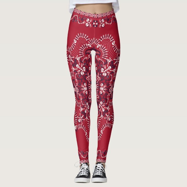 Legging Paisley, crânios, bandana, design quadrado. (Frente)