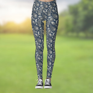 Legging Paisley em Azul Marinho Elegante Look Prata Vintag