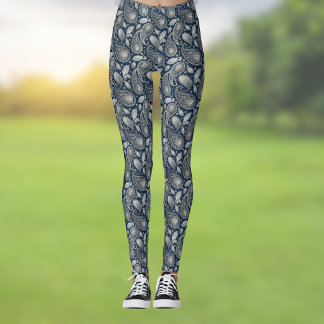 Legging Paisley em Azul Marinho Elegante Look Prata Vintag