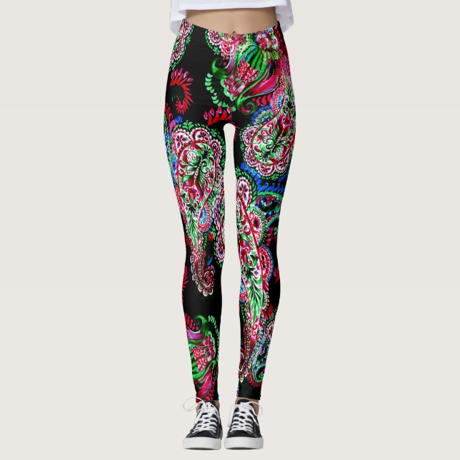 Legging Paisley Floral, Fundo Étnico. (Frente)