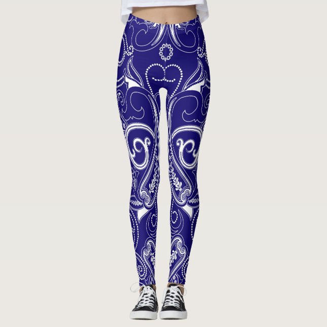 Legging Paisley monocromo: elegância azul e branca. (Frente)