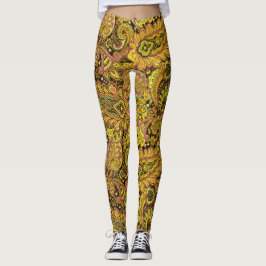 Legging Paisley Motif in Yellow, Brown on Black Background
