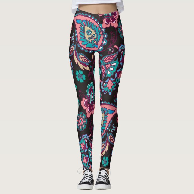 Legging Paisley Stripe: Decorativa Negra Sem Semente (Frente)