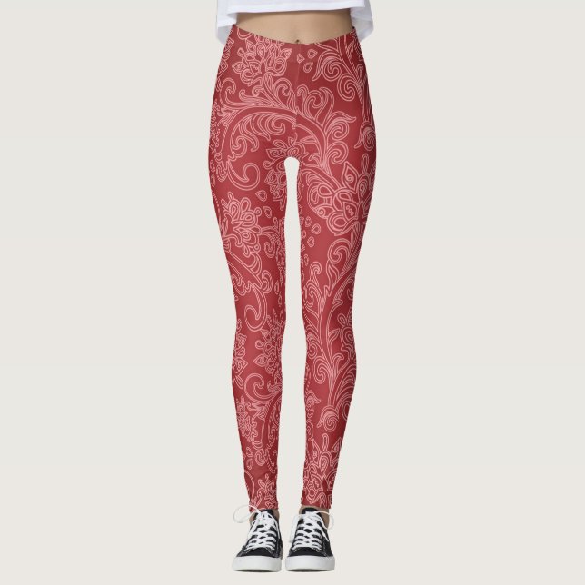Legging Paisley Vermelho Damasco Designer Floral Vintage C (Frente)