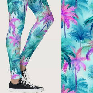 Legging Palmeiras Rosa e Azul Padrão Tropical