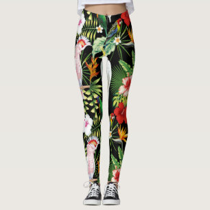Legging Papagaio e Macaw com Padrão de Plantas Tropicais