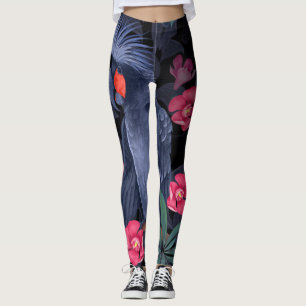 Legging Papagaio Negro Floral Exótico: Natureza Tropical