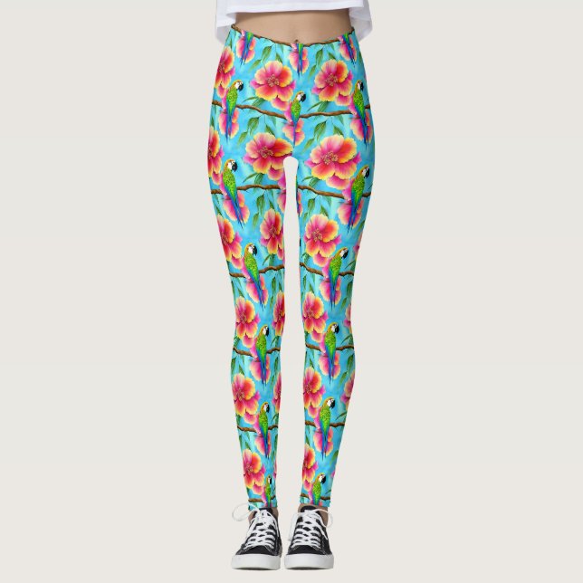 Legging Papagaio Tropical e Padrão Flor (Frente)