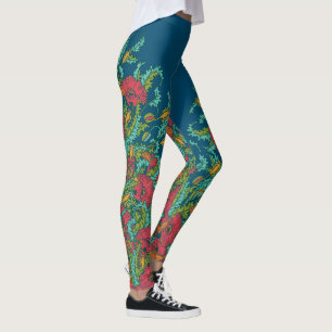 Legging Papagaios Vermelhos Azul Escuro, Botânico Vintage,