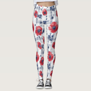 Legging Papagaios vermelhos com folhas azuis em azul contr