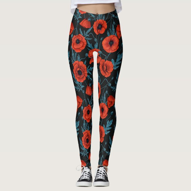 Legging Papagaios, vermelhos e azuis em preto (Frente)