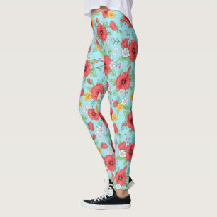 Legging Papagaios vermelhos e margaridas padrão floral mod